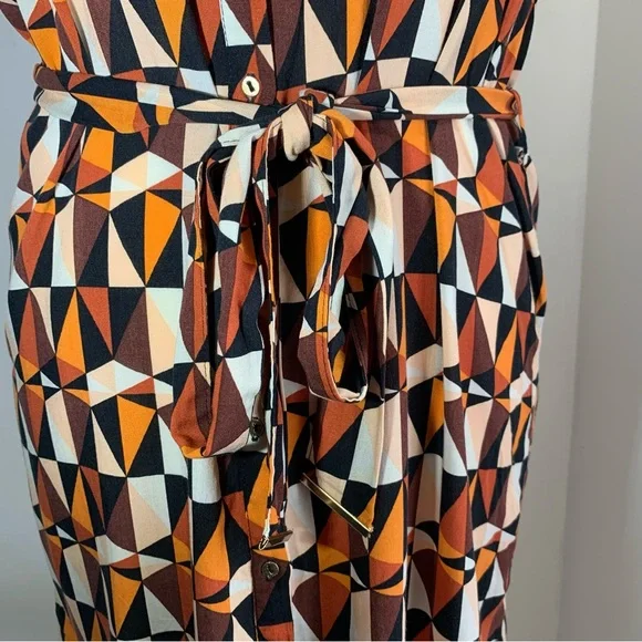 Dorothy Perkins Shirt Dress Orange Black Geometric Print Belted Rolled Sleeve 12 - Picture 6 of 13